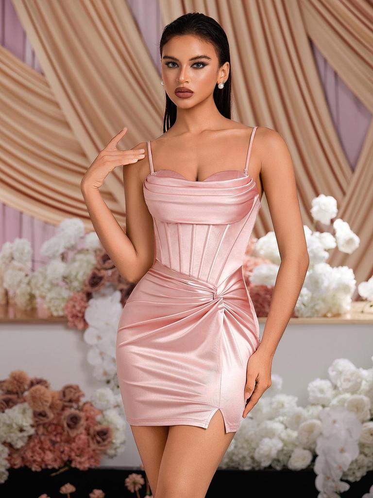 Pink Satin Pleated Twisted Slit Corset Bodycon Party Gown