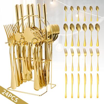 Service de couverts en acier inoxydable 410 Style portugais 24 pièces Fourchettes à dîner Couteaux Cuillères Couverts pour la maison le restaurant