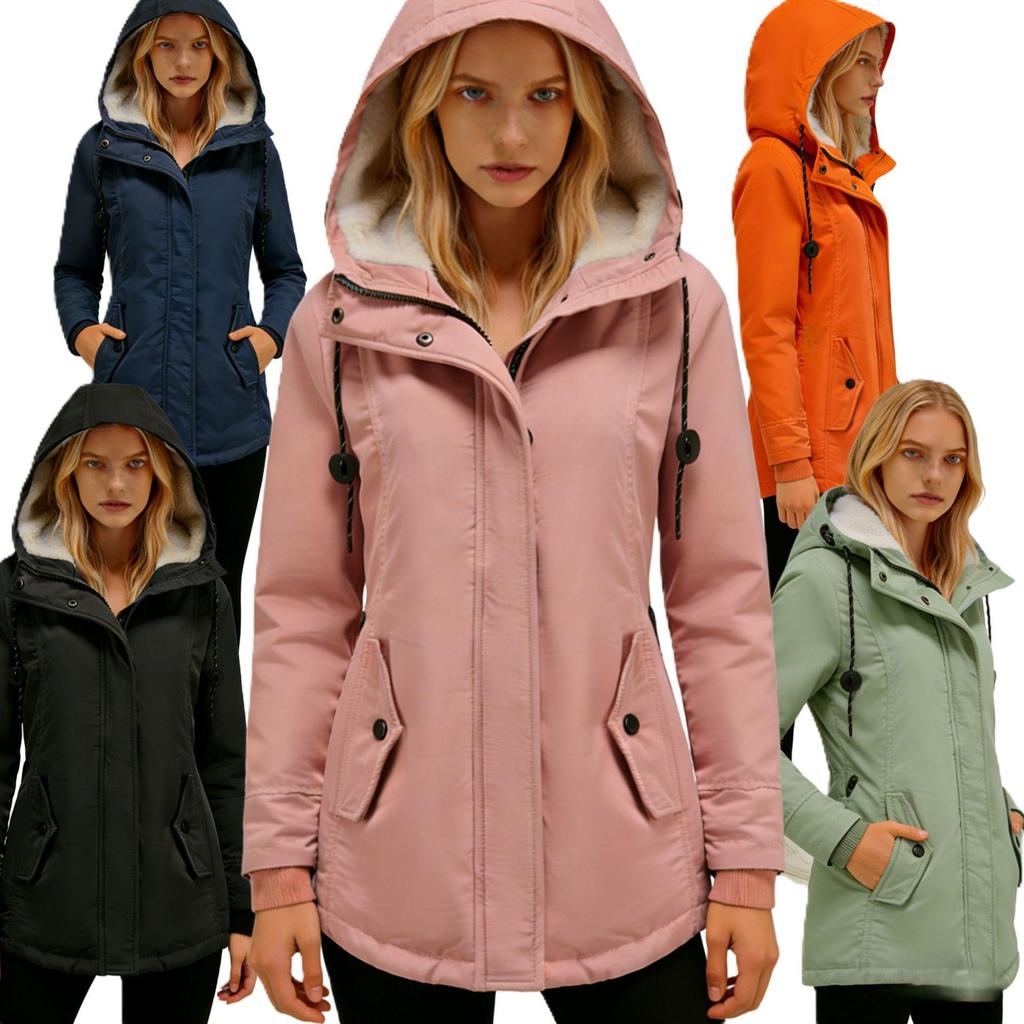 Damesmantel in Europese stijl, middellang, effen kleur, met fluwelen voering voor de herfst/winter.