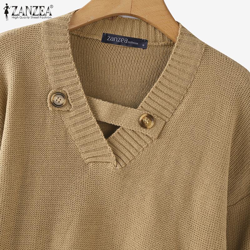 ZANZEA Autumn Women V Neck Long Sleeve Solid Color Casual Loose Sweaters Jumpers
