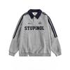 Vintage College Waffle American Style Polo Collar Hoodie Women Loose Casual Couple Stripe Raglan Sleeve Top