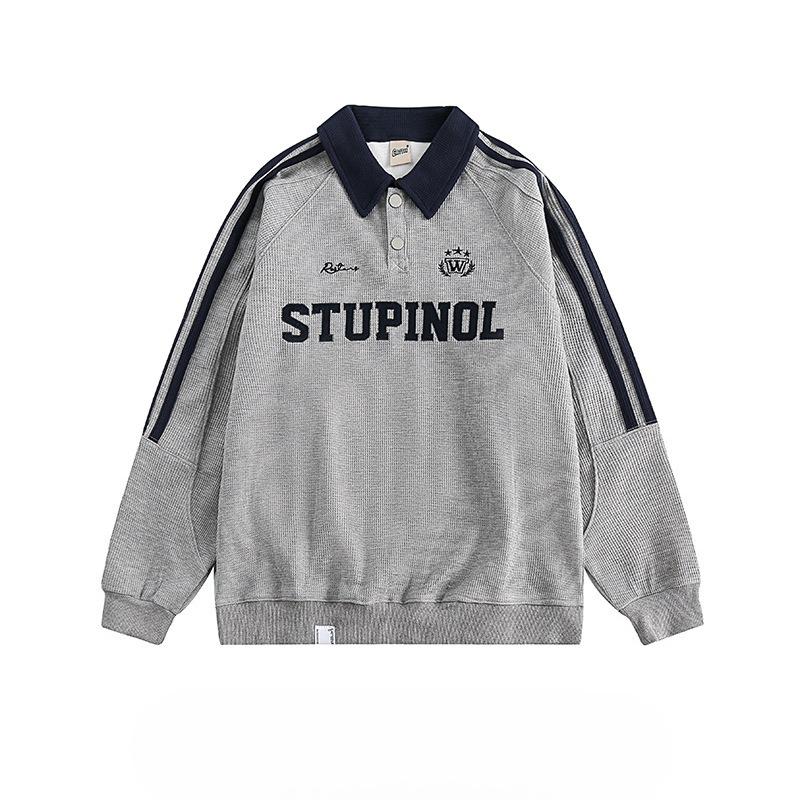 

Американский винтажный колледжский стиль Вафельное худи с воротником поло Женское свободное повседневное парное полосатое с рукавом реглан 2XL серый