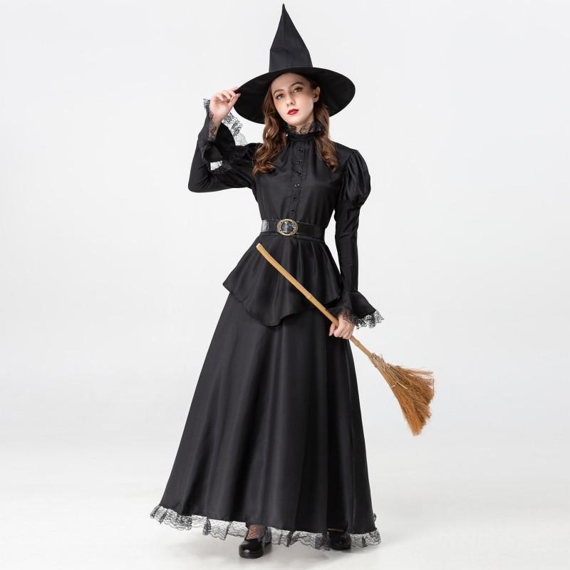 Womens Halloween Costume Set Black Witch Cosplay Outfit Dress Hat Belt Party Stage Role Play