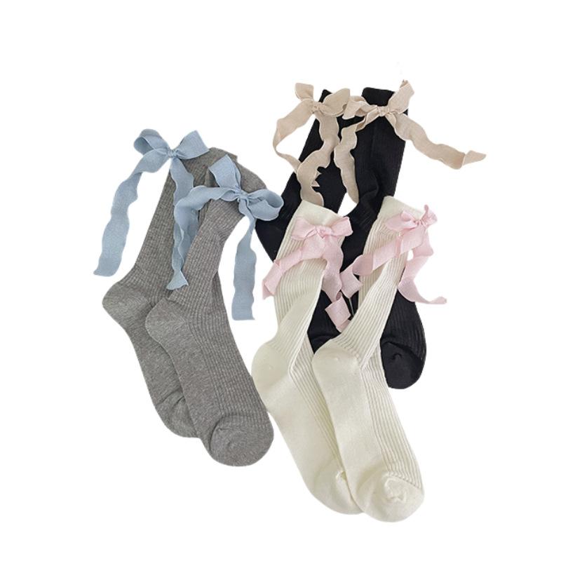Female Spring and Summer Thin Sweet Heel Ribbon Bow In The Tube Pile Socks