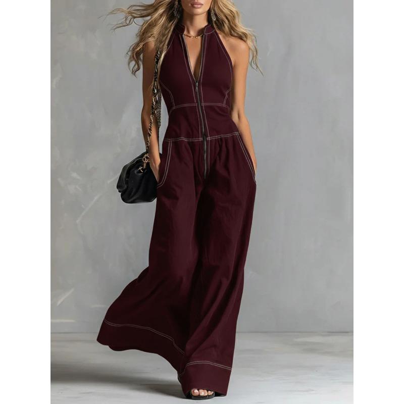 TIFICY Women's Fashion Casual Summer Spring Solid Color Print Sleeveless V-Neck High Waist Trousers Jumpsuits & Rompers