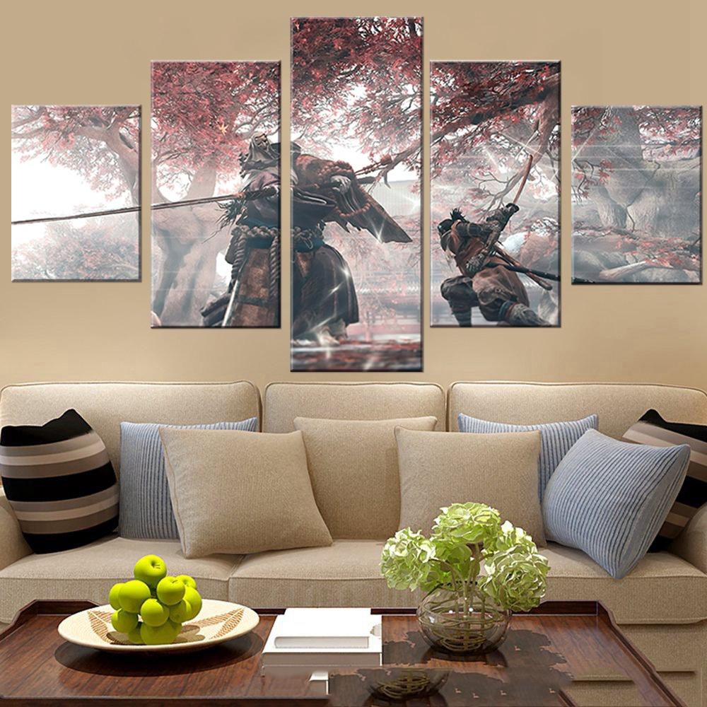 Arte Murale su Tela a 5 Pannelli Samurai Giapponese Duello Anime Poster Pittura Soggiorno Stampa Immagine Camera da Letto Murale Decorazione Casa