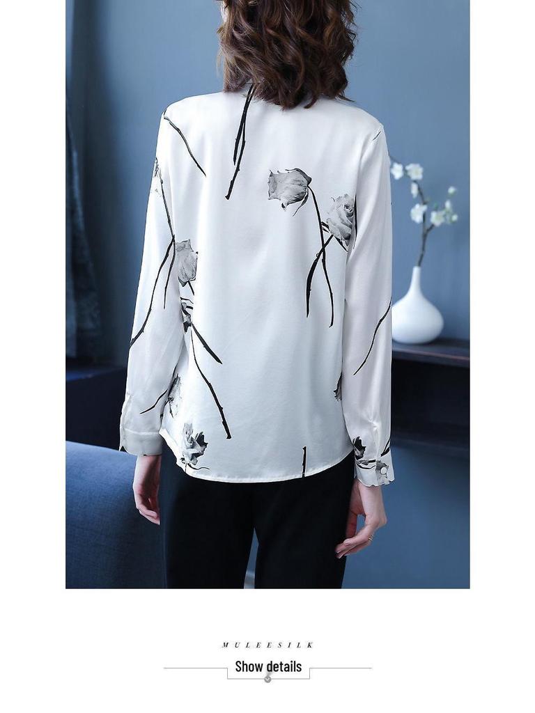 2025 Women's Long Sleeve Rose Print Chiffon Blouse - National Style Plus Size Fashion Top