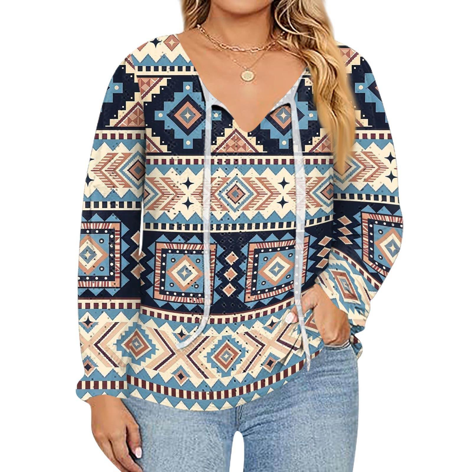 

Женский модный топ с принтом, повседневный, с V-образным вырезом и длинным рукавом L синий