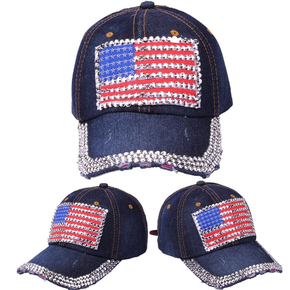 Women American Flag Rhinestone Jeans Denim Baseball Adjustable Bling Hat Cap Women American Flag Rhinestone Jeans Denim Baseball Adjustable Bling Hat Cap