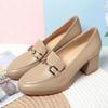 British Style Soft Leather Round Head Women's  Metal Decoration Low-top One-pedal Thick-heeled Women's Shoes