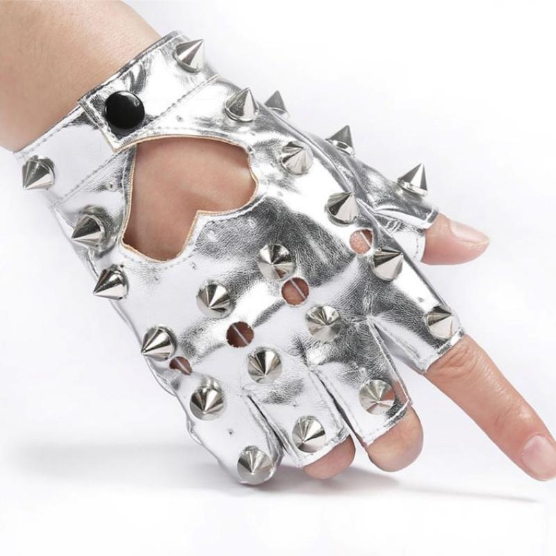 1 Paio di Guanti Punk da Donna a Mezza Dita con Borchie e Rivetti per Spettacoli di Danza e Moda