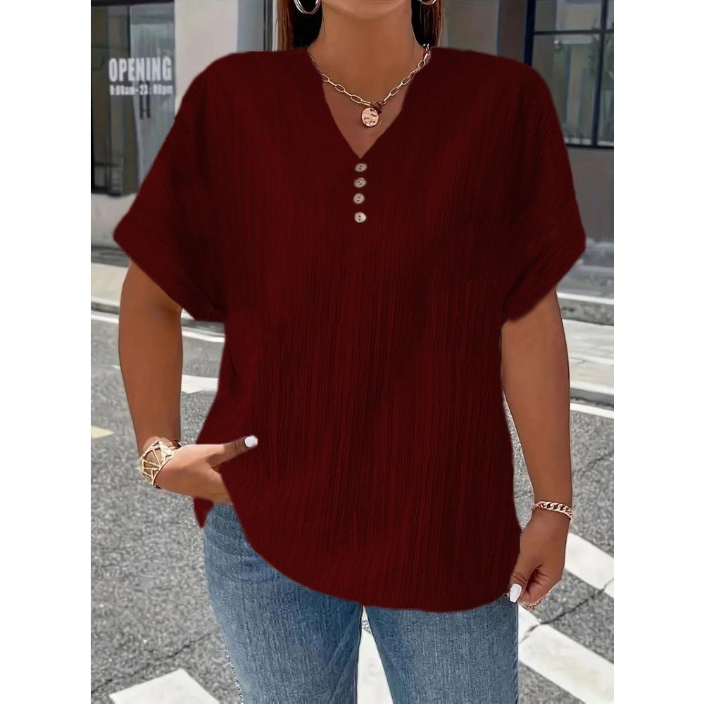 Moda Damska Wiosna i Lato Casualowa Jednolita Koszulka z Guzikami i Dekoltem V dla Kobiet