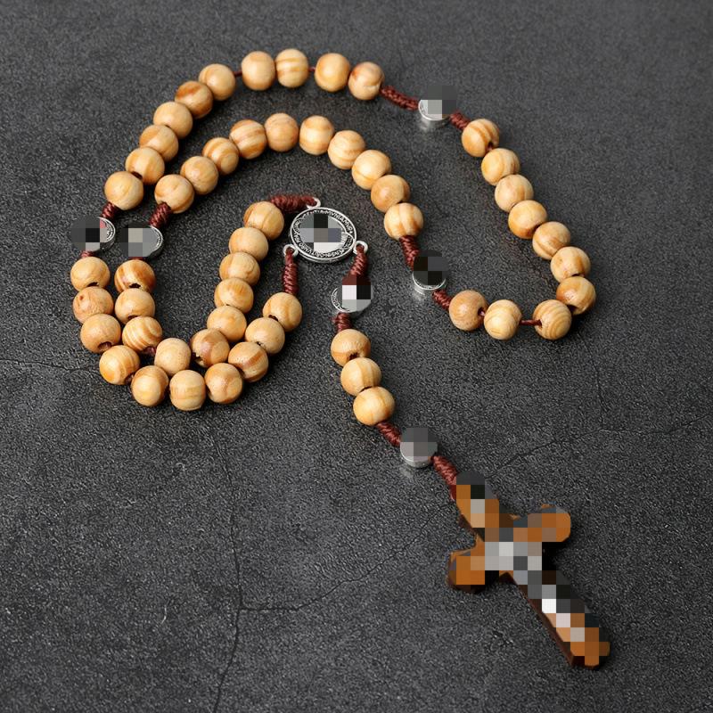 Cross Rosary Necklace with Handmade Knotted 9x10 Wooden Beads in Coffee Color