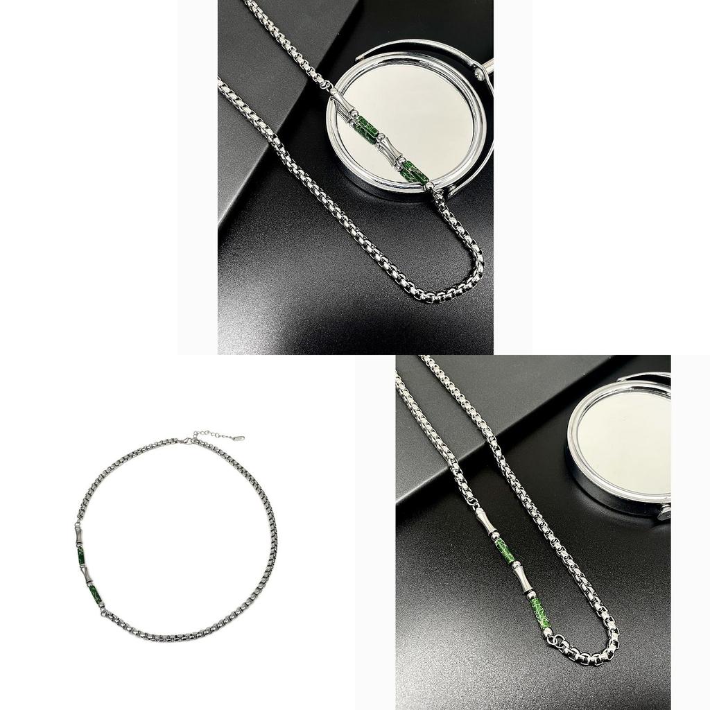 Stainless Steel Geometric Necklace For Men With Green Bamboo Beads Handmade Vintage Style