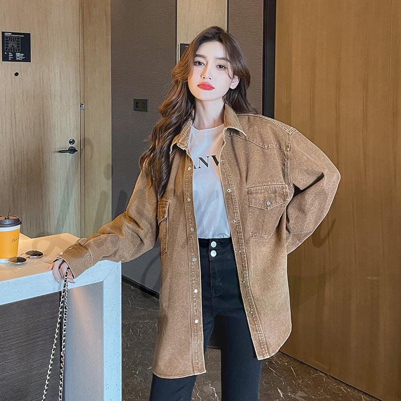 

2026 Spring & Fall European-American BF Style Loose Fashion Mid-Length Denim Shirt Jacket for Women One Size хакі