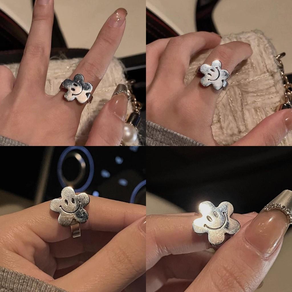 Stilvoller Hip-Hop-Ring mit Blumen-Smiley-Gesicht, einzigartiges verstellbares Kupferdesign für Damen