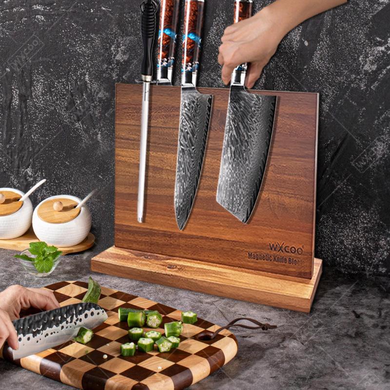 Multifunctional Magnetic Knife Holder Kitchen Knife Block Storage with Enhanced Strong Home Magnetic Stands Acacia Wooden