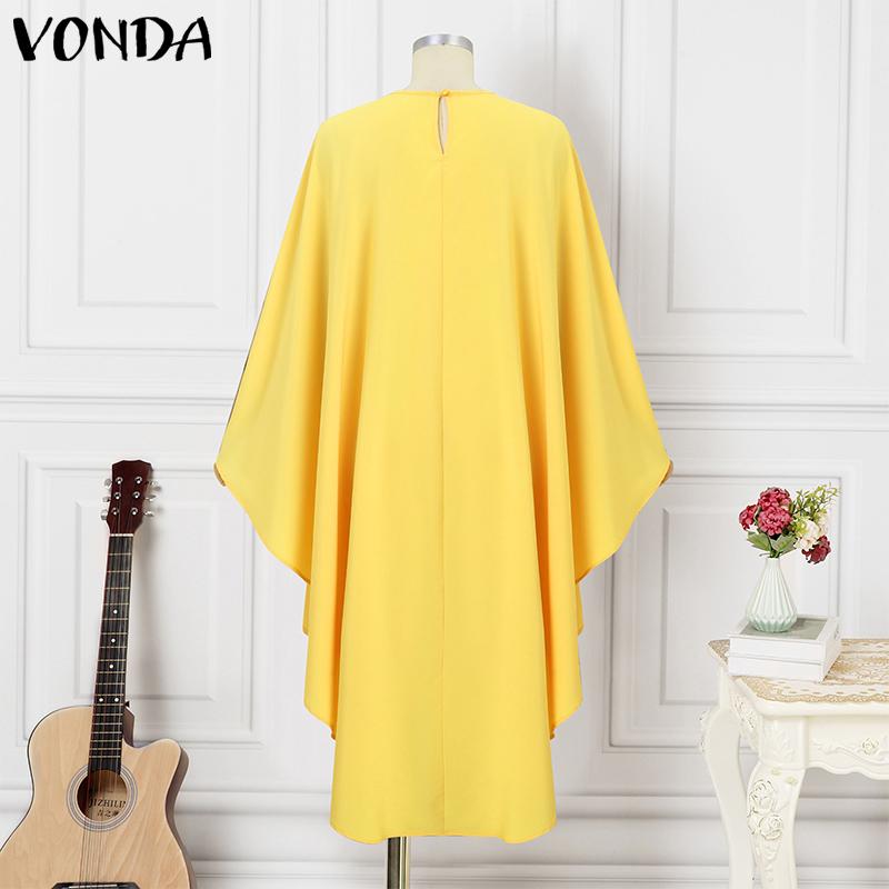 VONDA Robe trapèze plissée à manches longues et col rond pour femme