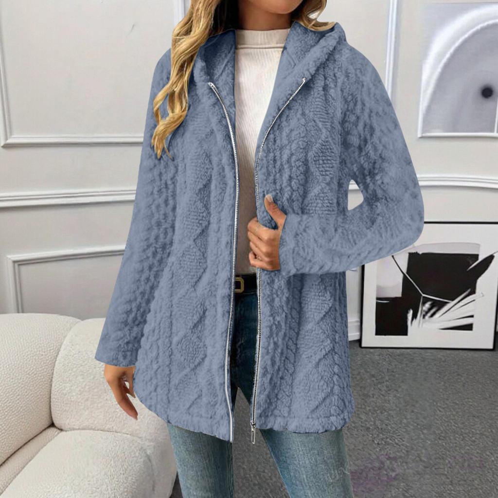 Damen Modische Einfarbige Langärmlige Lockere Kapuzen-Plüschjacke mit Reißverschluss