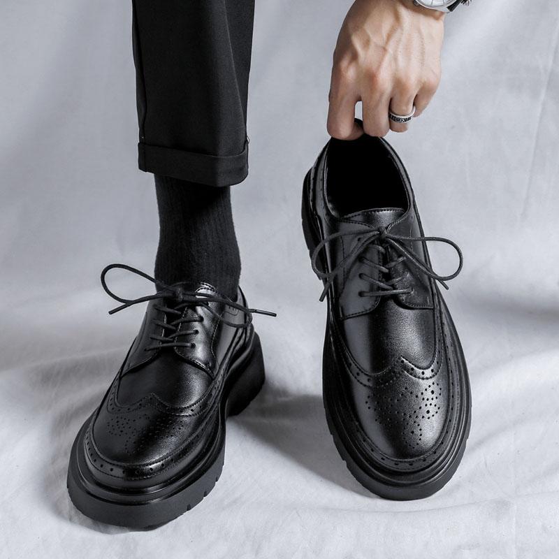 Leather shoes summer platform heightened British style Brock business dress black wedding groom shoes