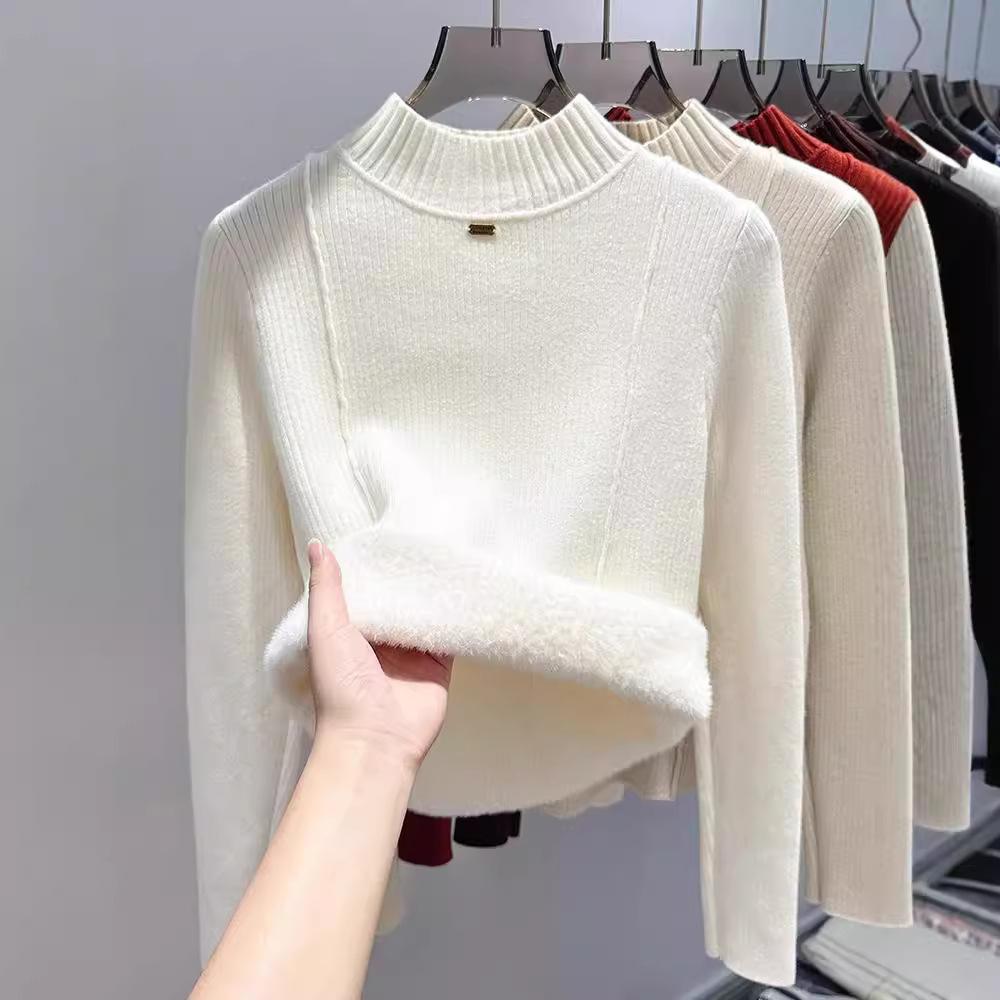 One Piece Velvet Sweater Women's Inner Layer Plus Thick Velvet Casual Knit Sweater,solid Color Semi High Neck Pullover