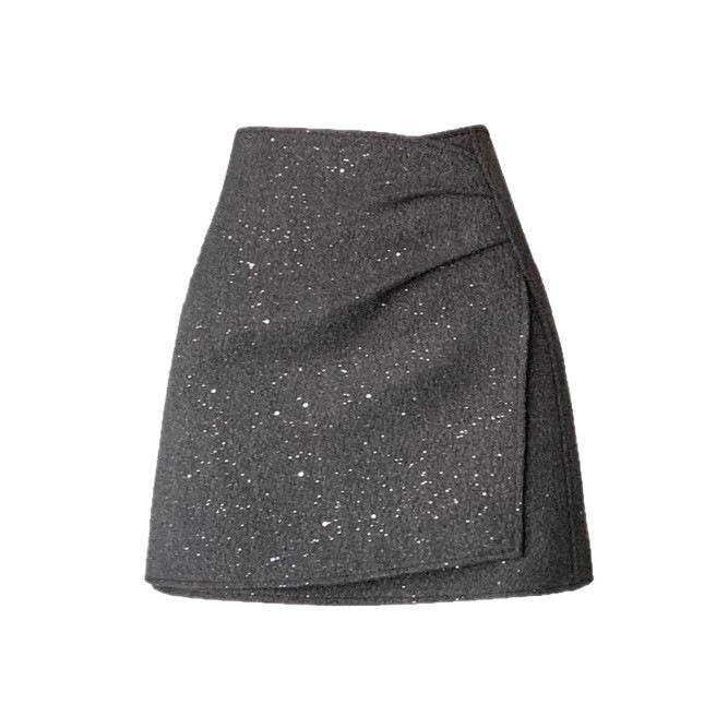 Women's High Waist Irregular A-line Woolen Skirt with Pleats & Sequins - Autumn/Winter