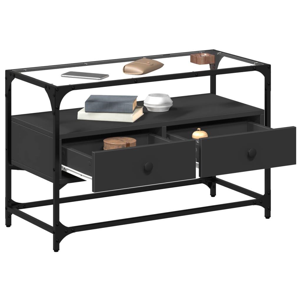 TV Stand with Glass Top Black 80 X 35 X 51 Cm Engineered Wood