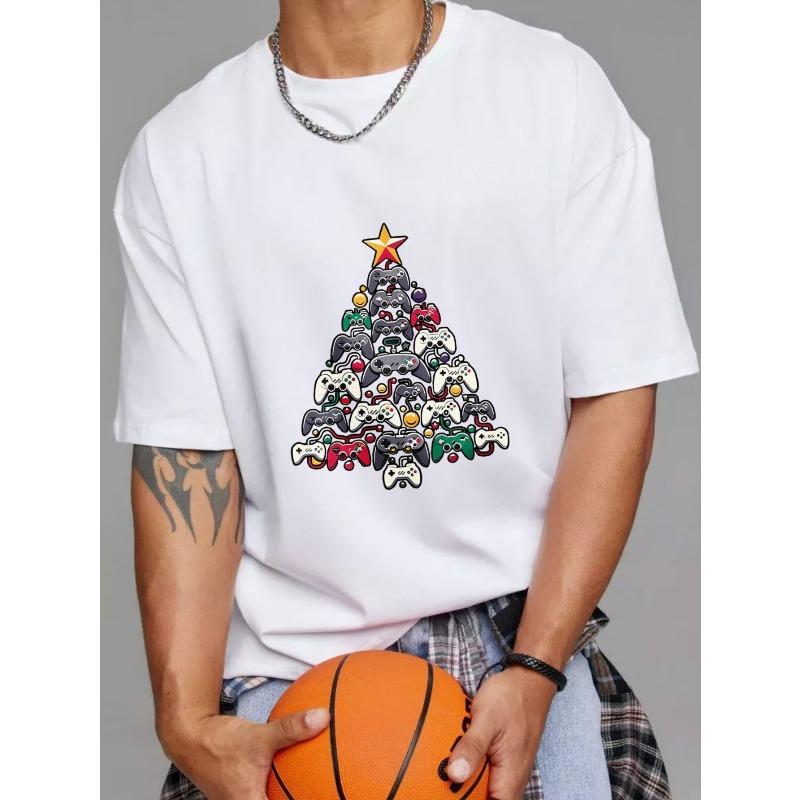 White T Shirt Christmas Tree Made of Game Controllers Graphic Print Casual Wear for Gamers Holiday Season Gift