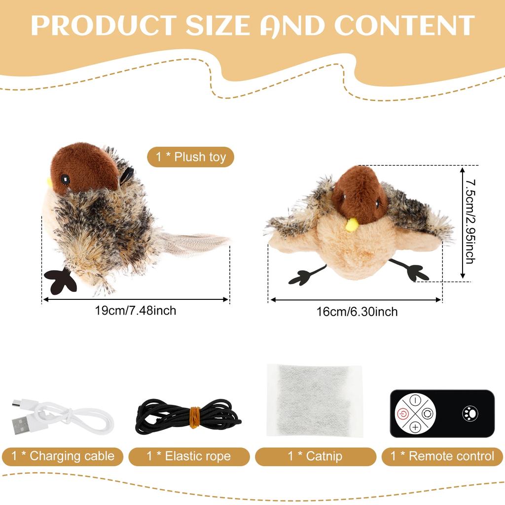 Interactive Cat Toys USB Rechargeable Simulation Chirping Flapping Sparrow Bird Touch Activated Plush Toys with Remote Control