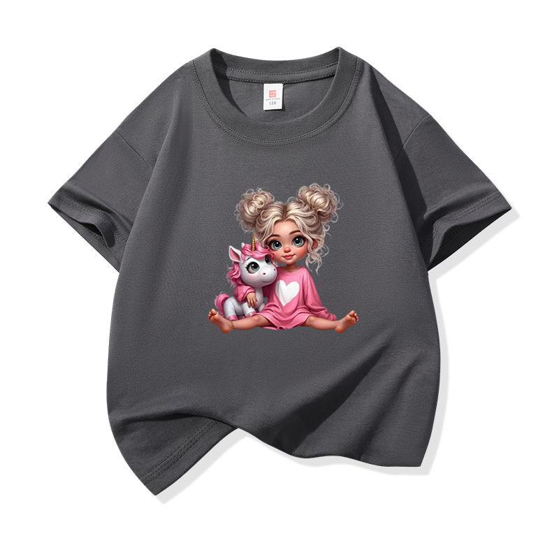 Kids Pure Cotton T Shirt Girl Sitting With Pink Unicorn Print Crew Neck Short Sleeve Tee Casual Boys Girls Summer Tops