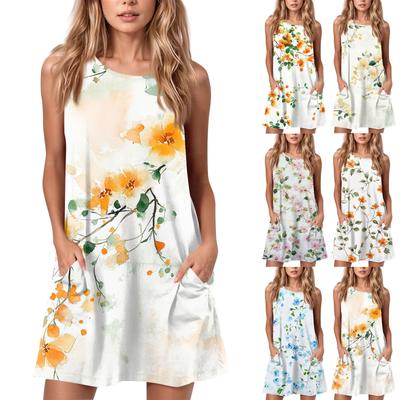 Damen Sommer Casual Rundhals Bedrucktes Kleid Ärmelloses Kleid mit Taschen