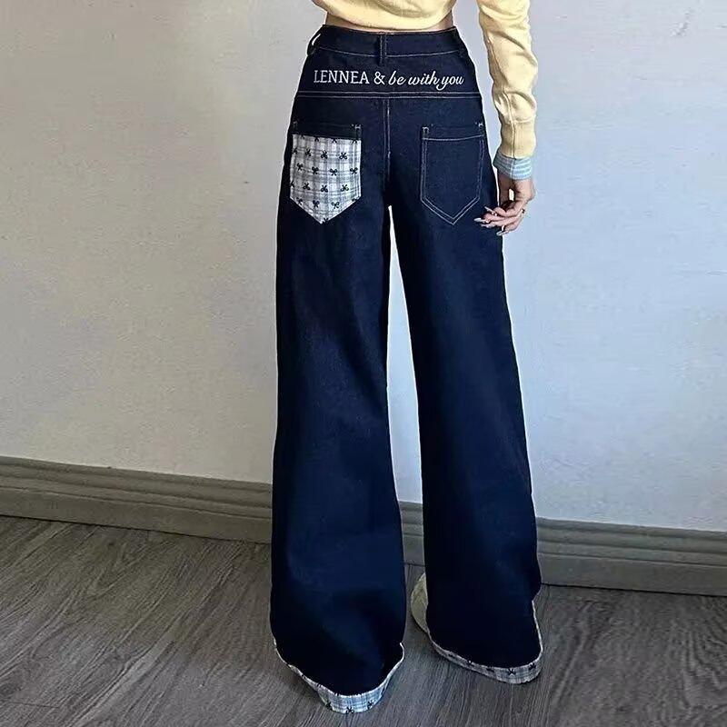 

Plus Size Deep Blue Embroidered Wide-Leg Jeans with Rolled Hem for Women Extra Large глибокий/синій