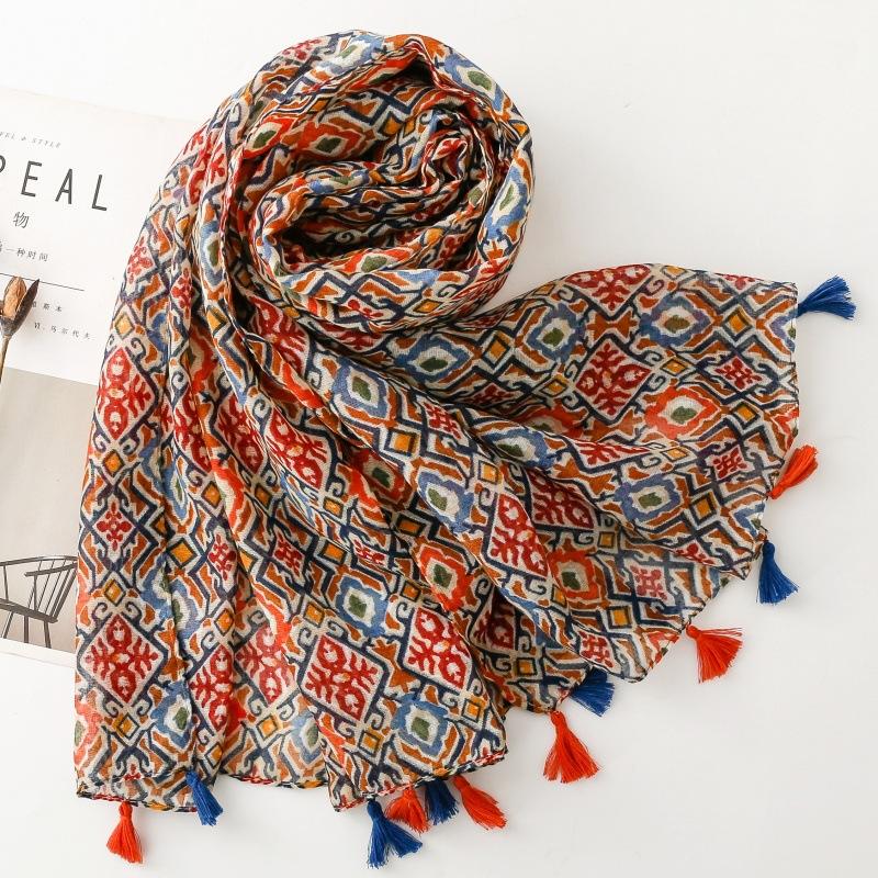 Flower Print Bohemian 88*180cm Women Viscose Scarf Shawl Cotton Linen Feeling Tassel Pashmina Muslim Hijab Wrap Lady Female