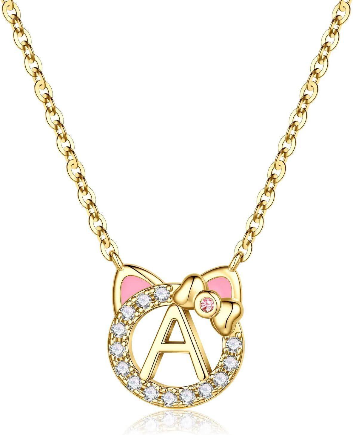 New Cat Initials Pendant Necklace Personalized Cute Zircon Girls Fashion Cat Ears Nameplate Initial Letter Necklaces Necklace&18inches