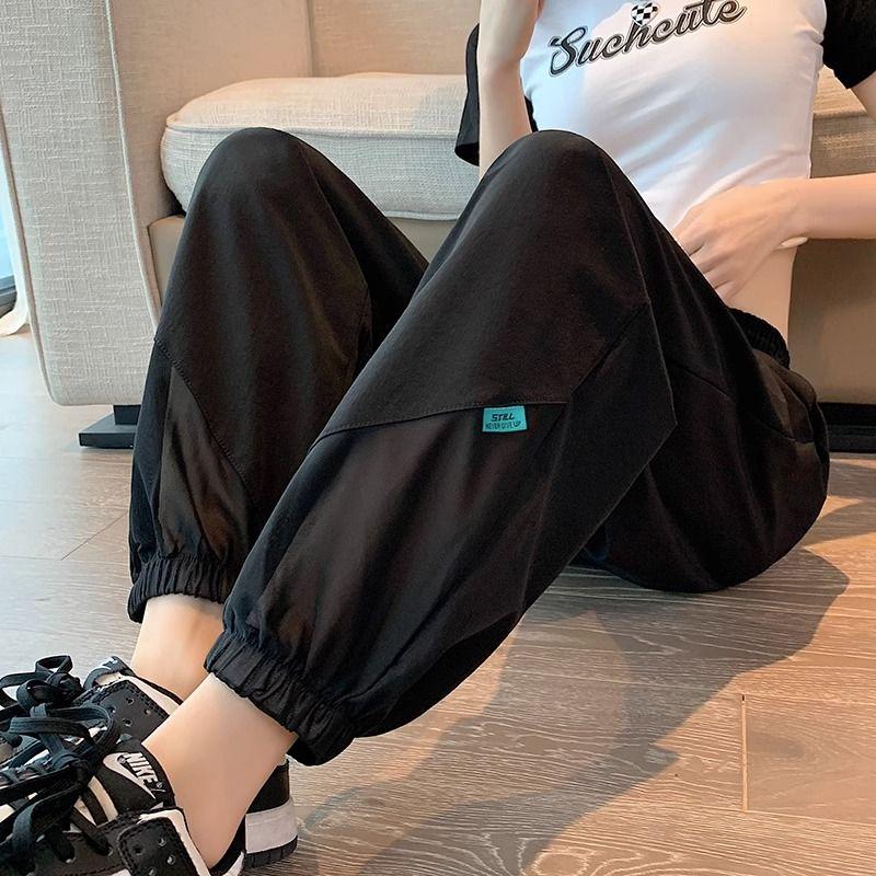 

Женские спортивные брюки из ледяного шелка, быстросохнущие, маленькие, свободные, зауженные, летние, тонкие, с высокой талией, облегающие, повседневные, укороченные, гаремы Black 2XL