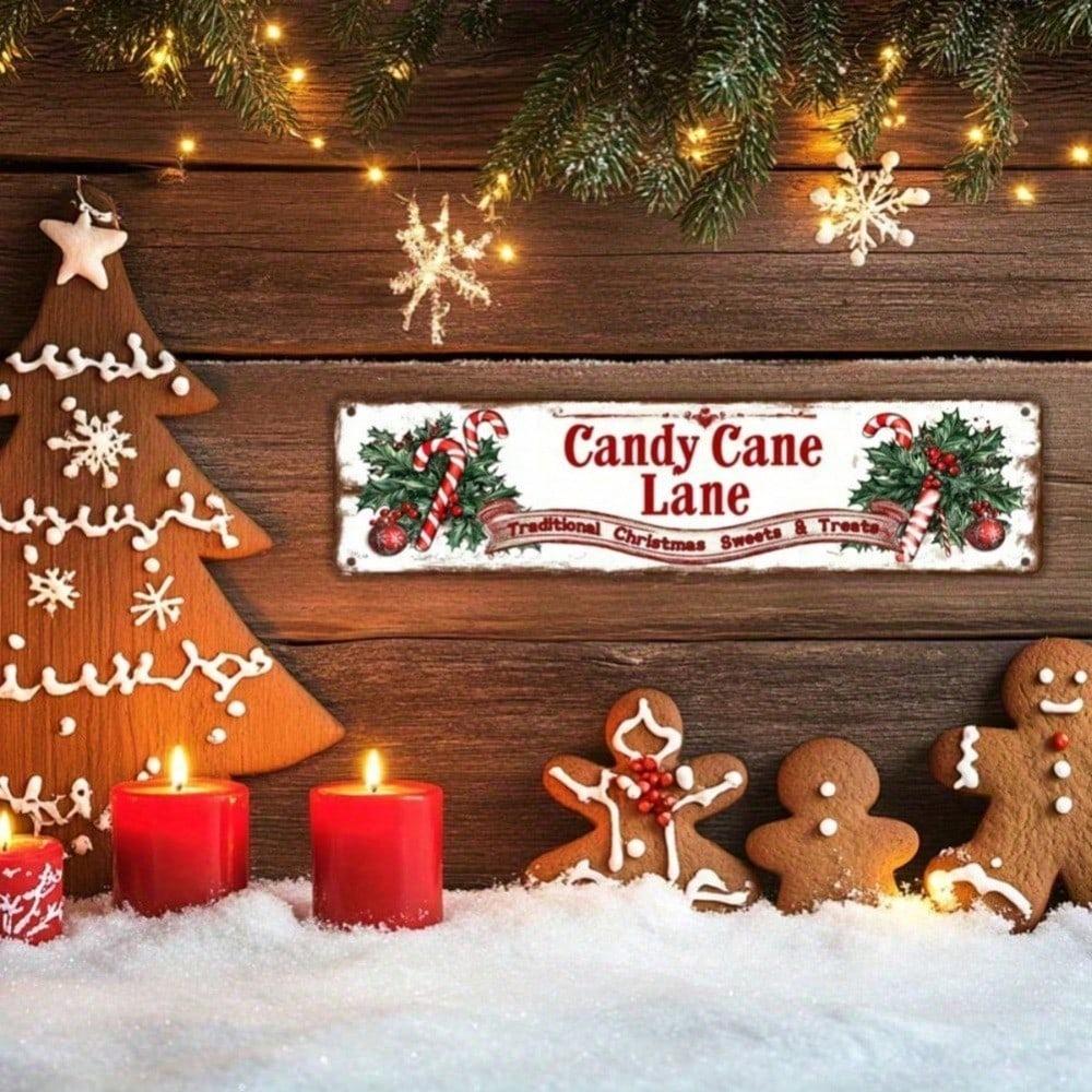 Christmas Candy Cane Alley Metal Sign 10x40cm Vintage Tin Wall Decor, Pre-Drilled Holes Waterproof Indoor Outdoor Art