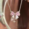 Y2K Crystal Bowknot Heart Pendant Necklace for Women Pink Heart Aesthetic Necklace Clavicle Chain 2023 Trendy Party Jewelry Gift