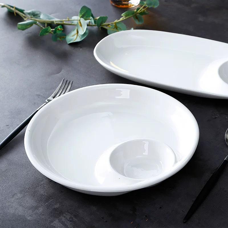 Yu Bao Fang Ceramic Mother-Child White Plate Set – Round & Oval Tableware with Sauce Dish for Home, Hotel, Restaurant.