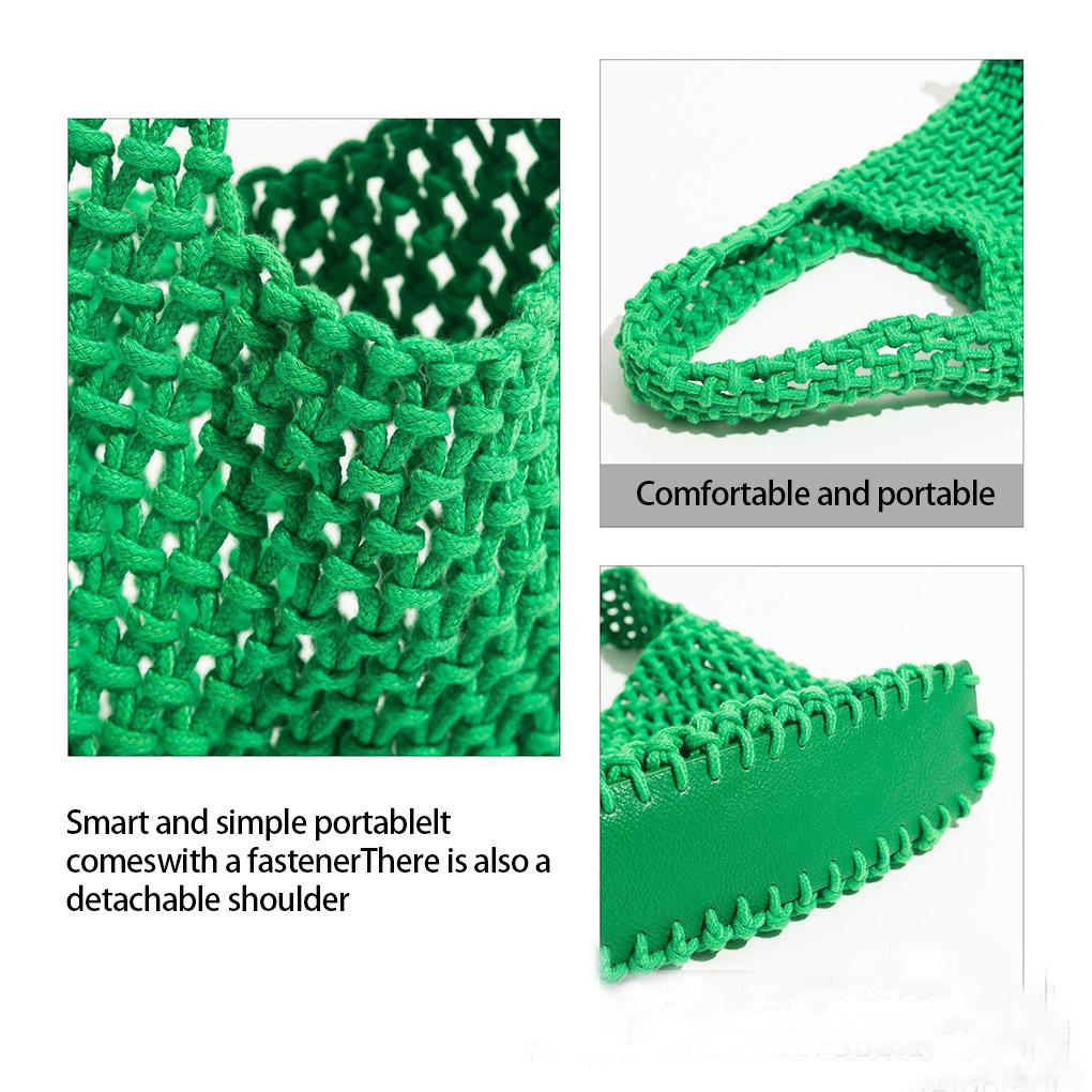 Women Woven Bucket Bag Mesh Hollow Bags with Leather Bottom Organizer Container Handbag for Summer Outdoor Picnic Shopping