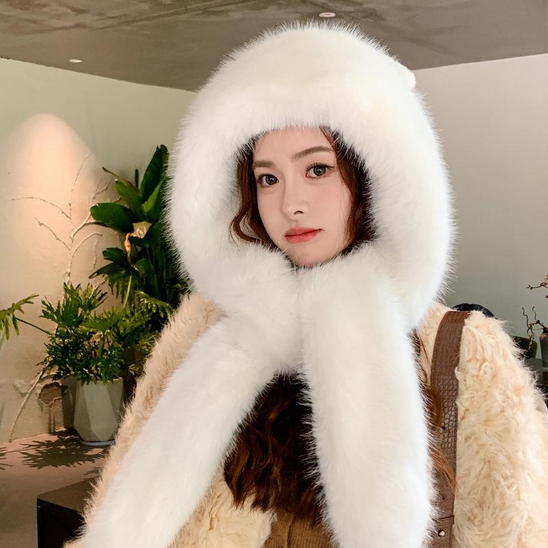 Plüschige warme Bärenmütze, Schal, einteiliges Set, winddichte Fahrradmütze mit Gehörschutz, verdickt und vielseitig im Winter