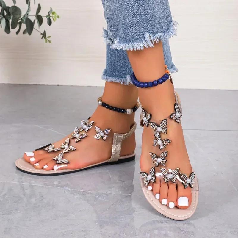 Fashion Summer Flat Women's Sandals Open Toe Women's Shoes One-line Buckle Butterfly Shoes