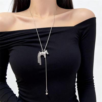 Titanium Steel Horse Pony Tassel Pendant Necklaces Women Mujer Adjusting Long Rope Sweater Chain Neck Accessories Gifts
