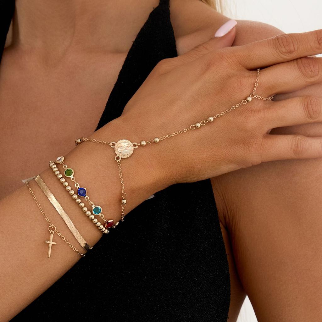 Creative Colorful Crystal Connected Finger Bracelet, Ins Flower Metal Chain Hand Jewelry For Women