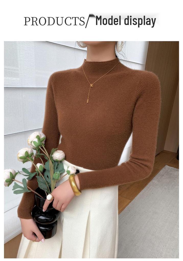 Women's Slimming Pure Cashmere Ribbed Pullover Sweater - Solid Color, Half-High Neck Knitwear
