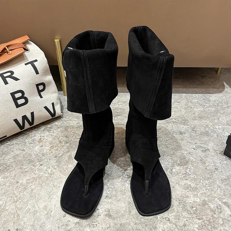 

Internet celebrity flat toe flip-flops cool boots women 2025 summer new western jeans tube boots pile boots 39 чёрный