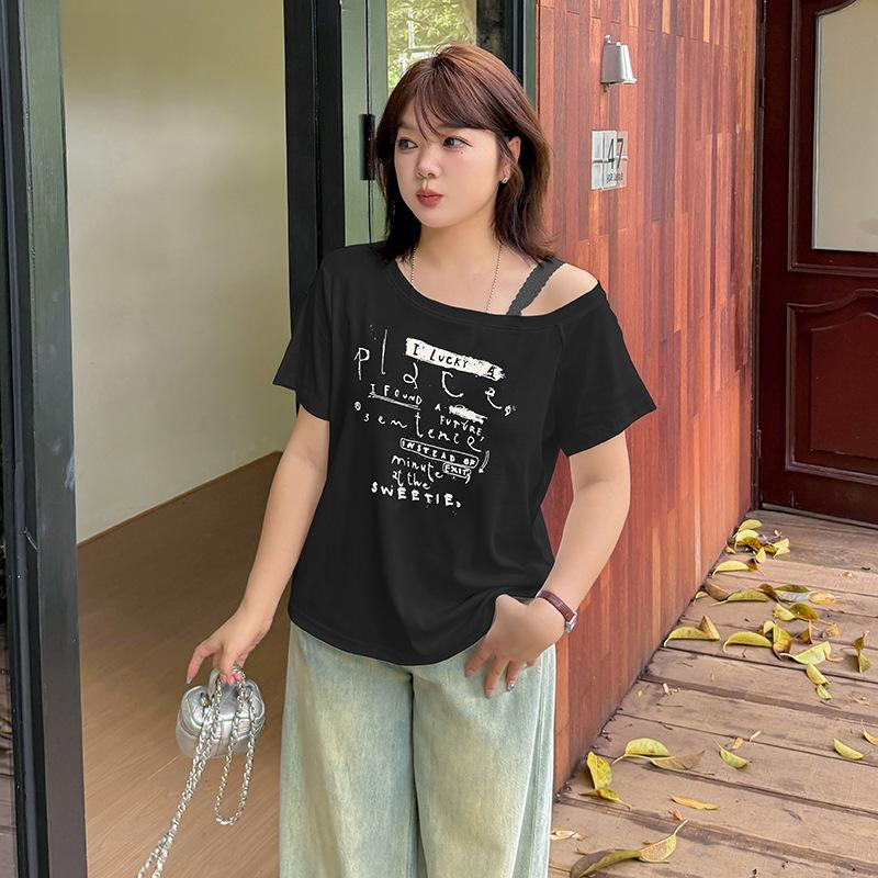 Large size women's street cool style printed T-shirt summer new women's slanted off-shoulder top 262783