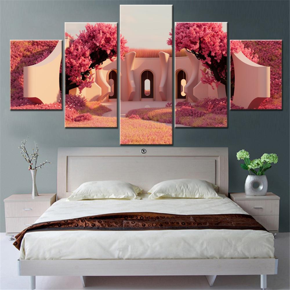 

5 Pieces Canvas Wall Arts Poster Painting Architecture Pinkish Red Outdoor Wallpaper Home Decor Picture Printing Interior Arts 20X35 20X45 20X55CM