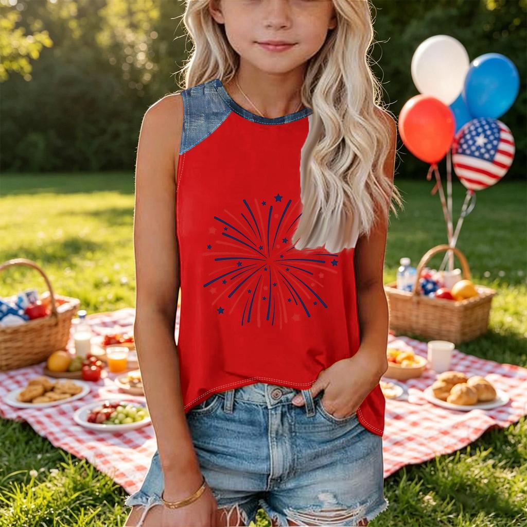 Girls Sleeveless Loose Fit Tank Top Independence Day Firework Print Round Neck Denim Patchwork T Shirt Summer Casual Tee