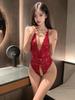Sexy Red Crotchless Lingerie Erotic Transparent Sleep Dress Christmas Solid Suspender Fetish Costumes for Women Lady Underwear