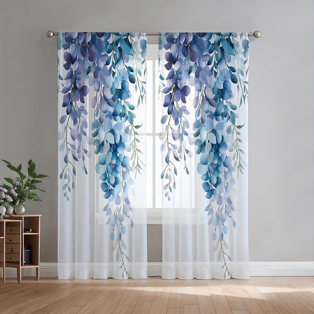 Set Of 2 All Season Wisteria Blue Vine Curtains Polyester Living Room Dining Bedroom Windows Doors Curtain Light Filtering For Sitting Made With Rod